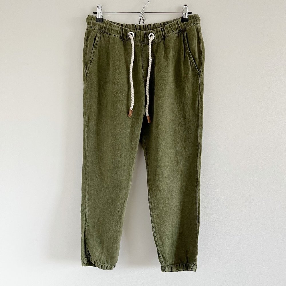 Zara 100% Linen Jogger Pants Medium Green Pull On